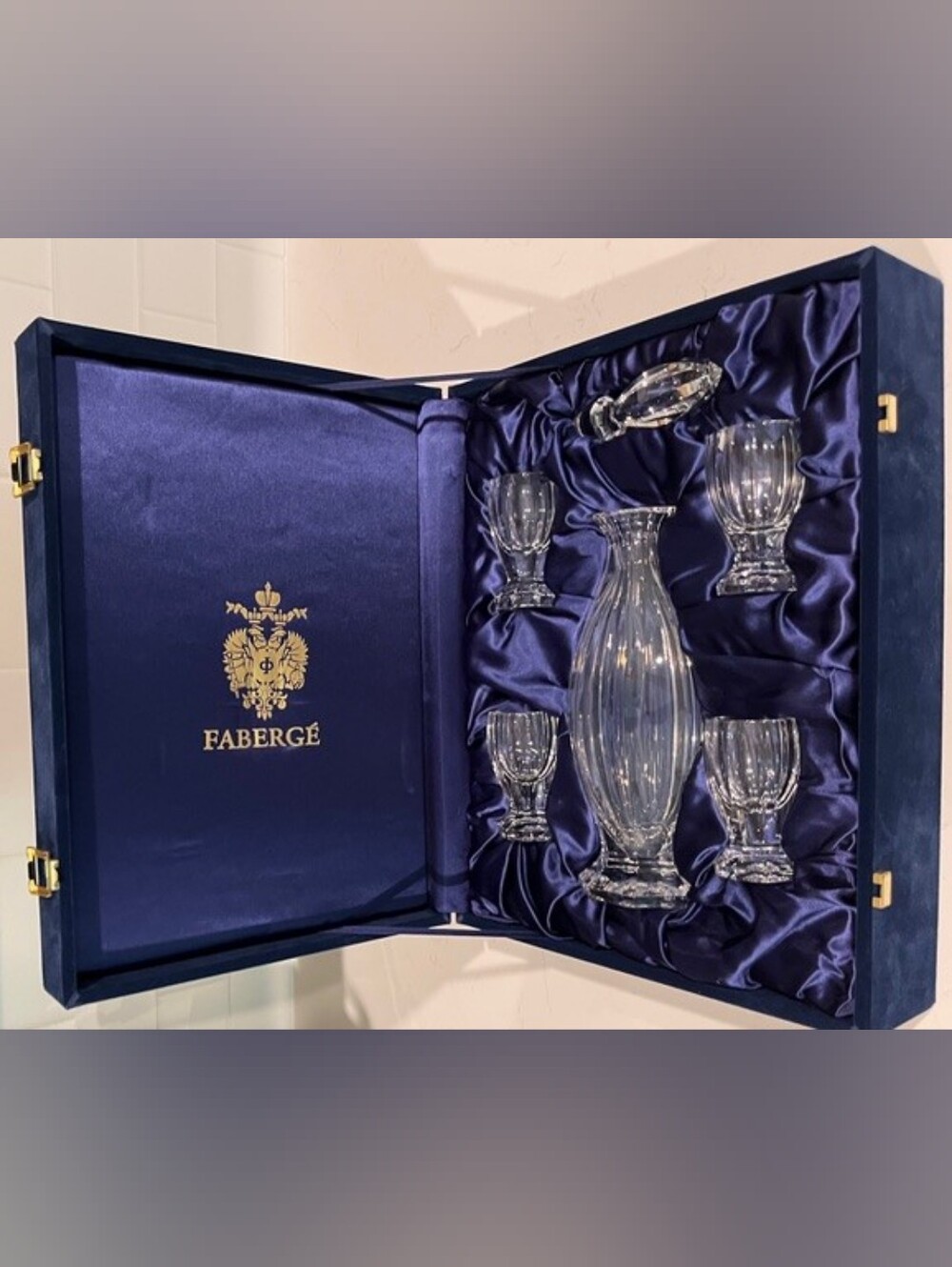 House of Faberge Czarina Crystal‎ Decanter Set 4 Liqueur Shot Glasses Case NIB